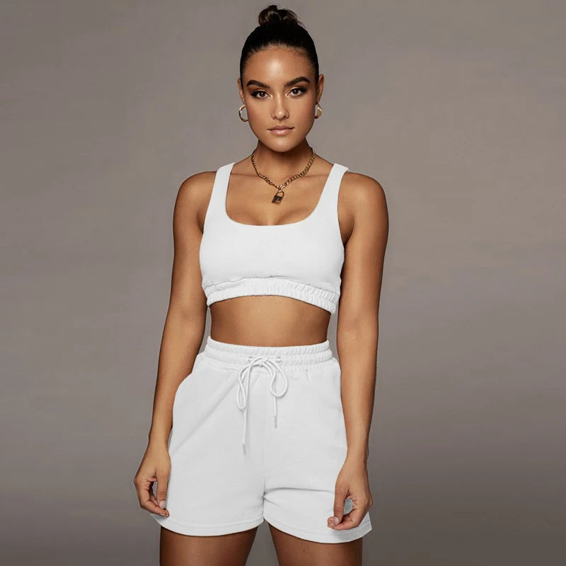 conjunto de top corto y pantalones  con cordon para mujer,camiseta sin manga sexy con cuello de U para fitness, conjuntos de dos piezas para verano