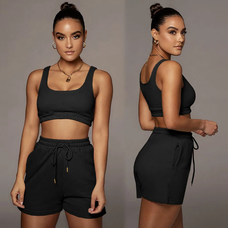 conjunto de top corto y pantalones  con cordon para mujer,camiseta sin manga sexy con cuello de U para fitness, conjuntos de dos piezas para verano