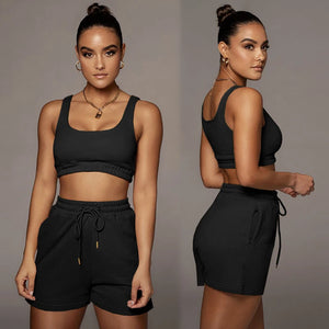 conjunto de top corto y pantalones  con cordon para mujer,camiseta sin manga sexy con cuello de U para fitness, conjuntos de dos piezas para verano