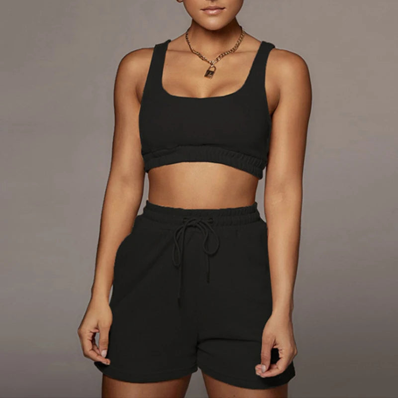 conjunto de top corto y pantalones  con cordon para mujer,camiseta sin manga sexy con cuello de U para fitness, conjuntos de dos piezas para verano