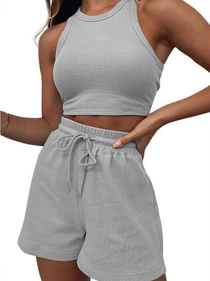 conjunto elegante de dos piezas sin manga para mujer, chaleco de cintura sexy de color solido, pantalones cortos con cordones  informales, novedadesde verano 2025