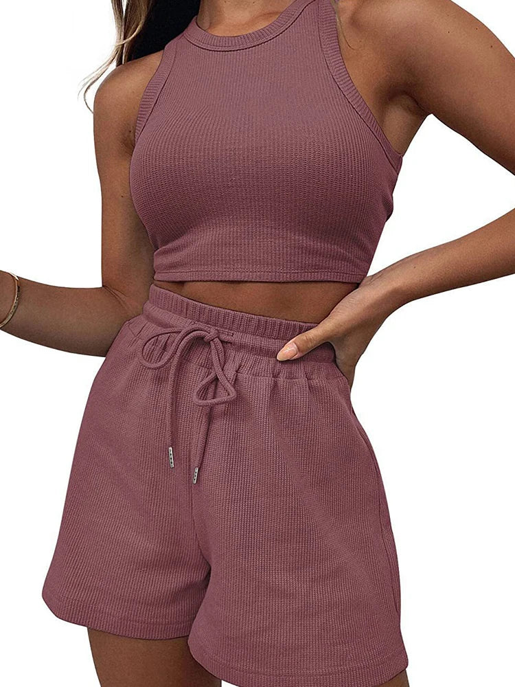 conjunto elegante de dos piezas sin manga para mujer, chaleco de cintura sexy de color solido, pantalones cortos con cordones  informales, novedadesde verano 2025