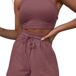 conjunto elegante de dos piezas sin manga para mujer, chaleco de cintura sexy de color solido, pantalones cortos con cordones  informales, novedadesde verano 2025