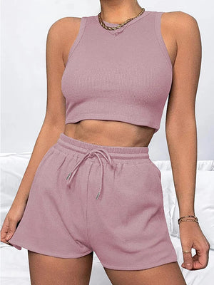 conjunto elegante de dos piezas sin manga para mujer, chaleco de cintura sexy de color solido, pantalones cortos con cordones  informales, novedadesde verano 2025