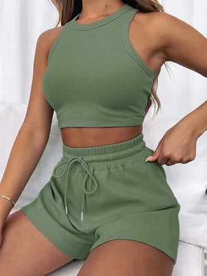 conjunto elegante de dos piezas sin manga para mujer, chaleco de cintura sexy de color solido, pantalones cortos con cordones  informales, novedadesde verano 2025