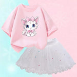 Cute Summer Girls Outfits Cartoon Cat T-shirt and Tutu Skirt 2pc/Set Girl Princess Clothes Suit Children Birthday Clothing