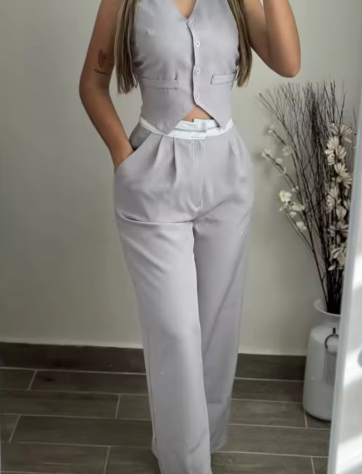 -Conjunto de chaleco acanalado con cuello en V, Top y pantalones con diseño de bolsillo y cintura contrastante, conjunto de pantalones informales para ir al trabajo, verano