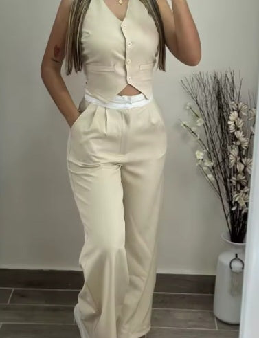 -Conjunto de chaleco acanalado con cuello en V, Top y pantalones con diseño de bolsillo y cintura contrastante, conjunto de pantalones informales para ir al trabajo, verano