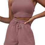 conjunto elegante de dos piezas sin manga para mujer, chaleco de cintura sexy de color solido, pantalones cortos con cordones  informales, novedadesde verano 2025