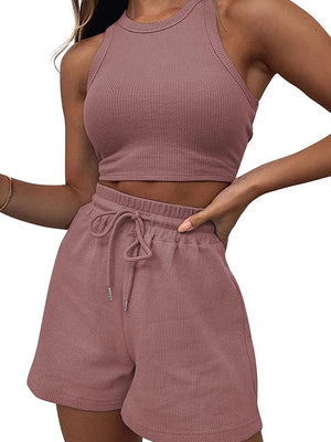 conjunto elegante de dos piezas sin manga para mujer, chaleco de cintura sexy de color solido, pantalones cortos con cordones  informales, novedadesde verano 2025